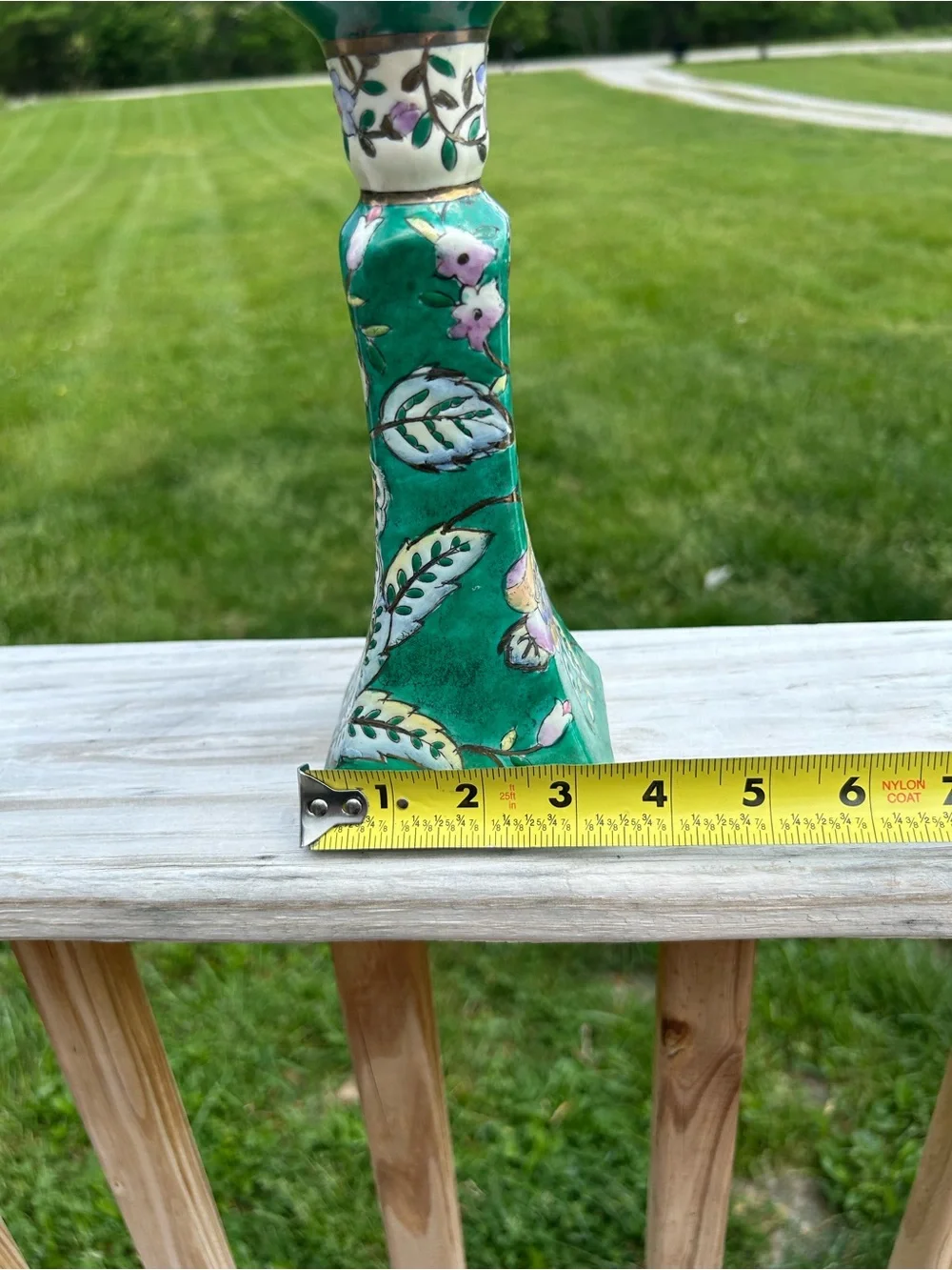 Vintage Japanese Candle Stick Holder Floral‎ Green Cottagecore Gold Tone Trim
